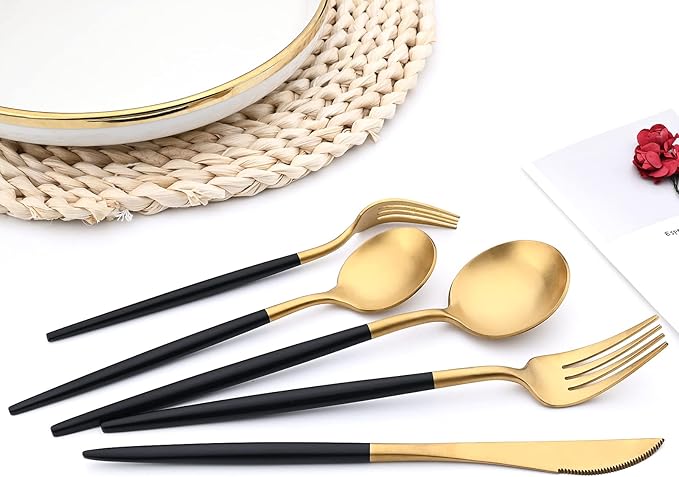 24-piece Snplowum Matte Gold Tableware, 18/10 Stainless Steel Utensils Heavy Serving Set With Black Handle For Dinner & Dessert Home Restaurant Flatware Set, Service For 4 (Black Gold)