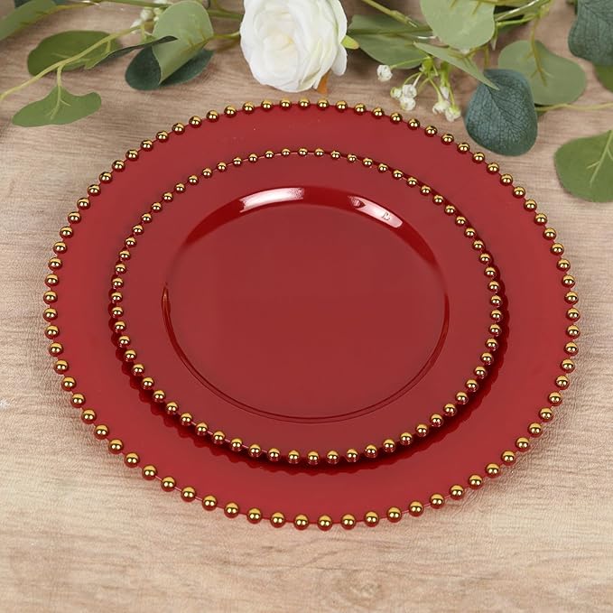 8" Salad Plates - Set of 20 - Plastic Red Round Disposable Dessert Appetizer Plate with Gold Beaded Rim, Ideal for Dinner Party Wedding Bulk Events