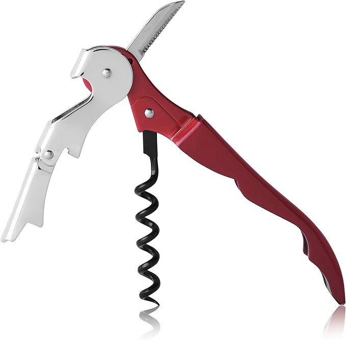 True Brands TrueTap Double Hinged Waiters Corkscrew, Top-notch Stainless Steel Opener with Foil Cutter Built to Last Wine Key Metallic Red, Set of 1