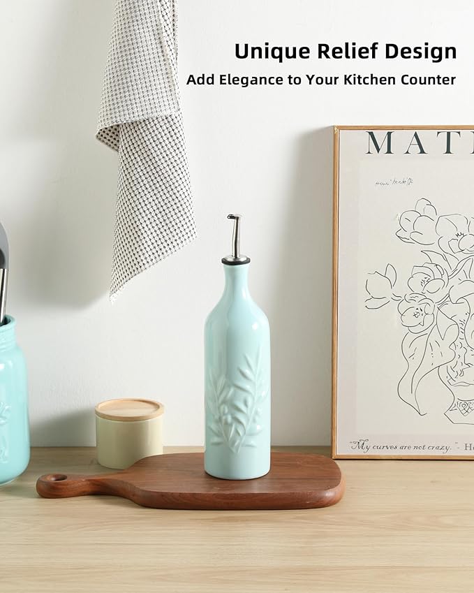 Sweejar Large Ceramic Olive Oil Dispenser Bottle, 24 Oz Relief Opaque Oil Cruet Protects Oil To Reduce Oxidation, Storage Vinegar, Soy Sauce, Coffee Syrup, Liquids, Set of 1(Light Blue)