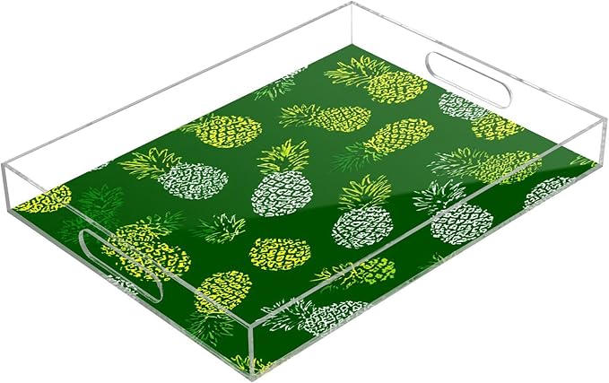 Serving Tray with Handles Clear Acrylic Tray 12x16 Inch Decorative Rectangular Tray Organizer for Ottoman Coffee Table Bathroom Green Pineapple