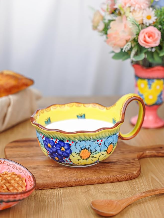 silesia Handmade Ceramic Soup Bowl, 30 oz Hand Painted Bowl with Loop Handle, Floral Design Cereal Bowl for Soup, Ice cream, Snack, Microwave & Dishwasher Safe (Glazed Yellow)