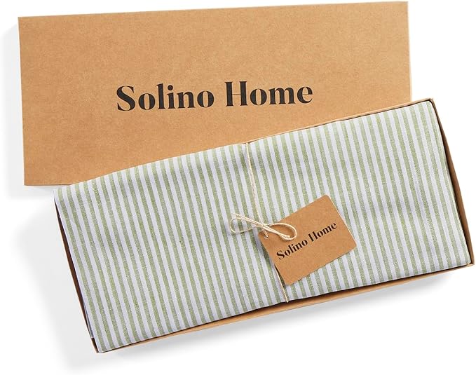 Solino Home Linen Cloth Placemats Set of 4 - Narrow Stripe 100% Pure Linen Avocado and White Farmhouse Placemats 14 x 19 Inch for Christmas, Winter, New Year