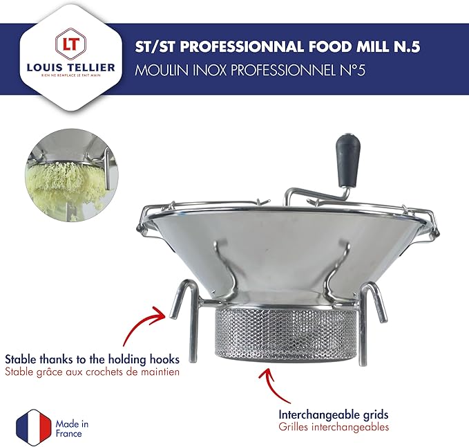 LOUIS TELLIER - Professional Stainless Steel Food Mill - Includes 3mm Disc - High Productivity (11 lbs/min) - Soups, Purees, Compotes, Coulis – Robust - 16.5 in x 15.7 in x 12.6 in - Made in France