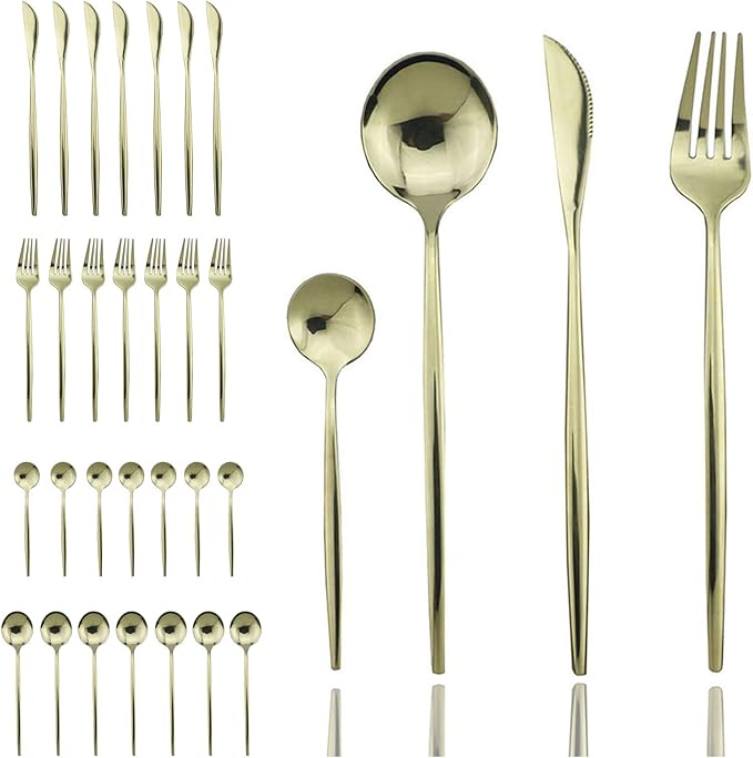 JASHII Champagne Silverware Set, 32-Piece 304 Stainless Steel Flatware Cutlery Set for 8, Mirror Finish, Ideal for Home Wedding Festival Party, Dishwasher Safe (Champagne gold)