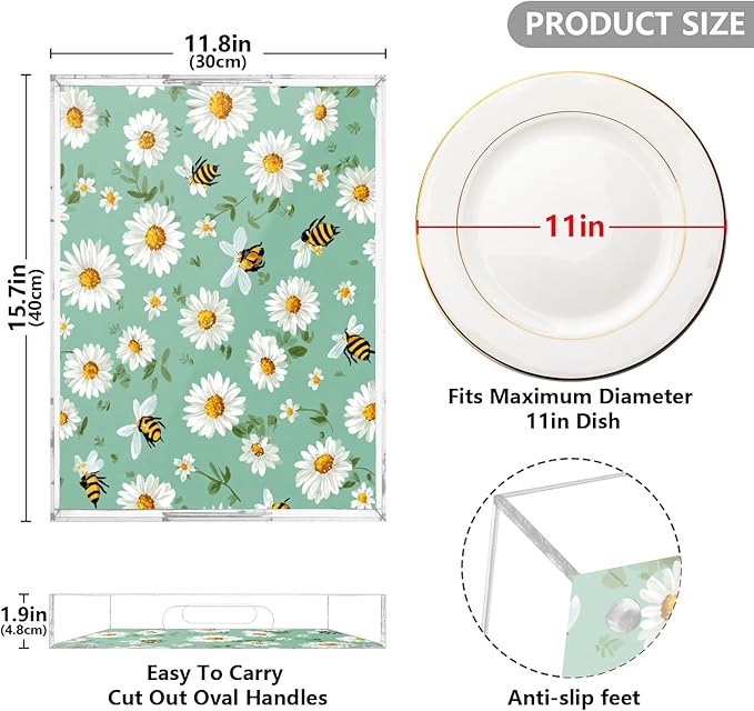 Serving Tray with Handles Clear Acrylic Tray 12x16 Inch Decorative Rectangular Tray Organizer for Ottoman Coffee Table Bathroom Mint Green Daisy Flowers and Bees