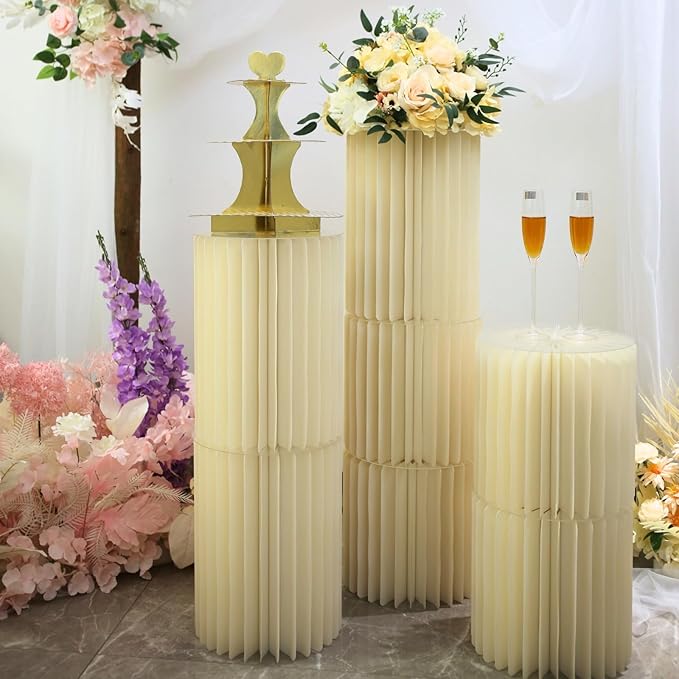 Stacking-Block Design Cake Stands for Party, Customizable Height, Sturdy Cardboard Column with Clearance Acrylic Plate, Reusable Round Cylinder Stands for Party for Birthday, Milky White
