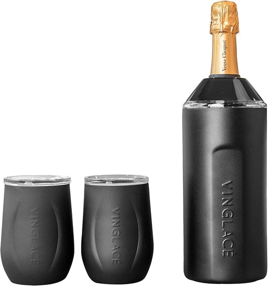 Vinglacé Wine Bottle Chiller Gift Set- Portable Stainless Steel Wine Cooler with 2 Stemless Wine Glasses, Black