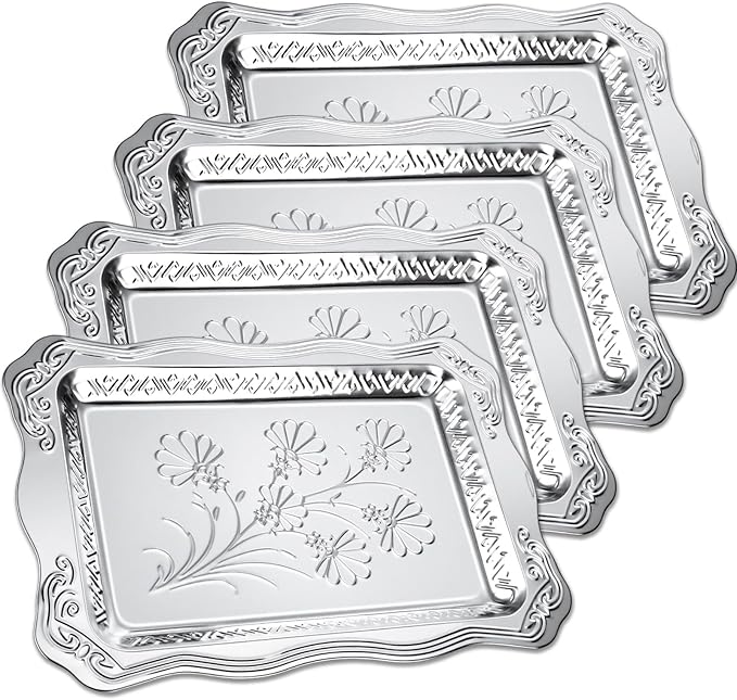 4 Pack 16.3" x 11.4" Large Silver Serving Trays for Dessert Table Stainless Steel Silver Platters Floral Engraved Mirror Serving Platters for Wedding, Cookies, Desserts, Party Food Display