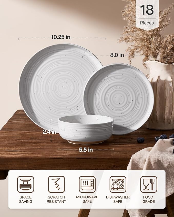 Plates and Bowls Sets for 6, Famiware Premium 18-Piece Stoneware Dinnerware Set, Spiral Flared Dish Set with Speckles & Reactive Glaze - Microwave & Dishwasher Safe Tableware, White