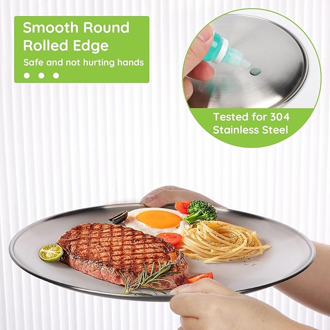 Stainless Steel Plates, 8 Pack 11.8 inch 304(18/8) Metal Food Serving Plate Set, Reusable Snack Eating Dishes Round Shatterproof Plate Silver BBQ Dinner Lunch Dinnerware Oven Dishwasher Safe