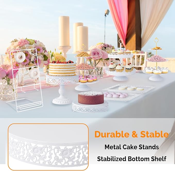 ROVSUN 12PCS Dessert Table Display Set, Metal Cake Stand Set with Donut Stand, Tiered Cupcake Holder Fruit Candy Plate with Cutting Knife Serving Tongs for Wedding, Birthday Party Baby Shower, White