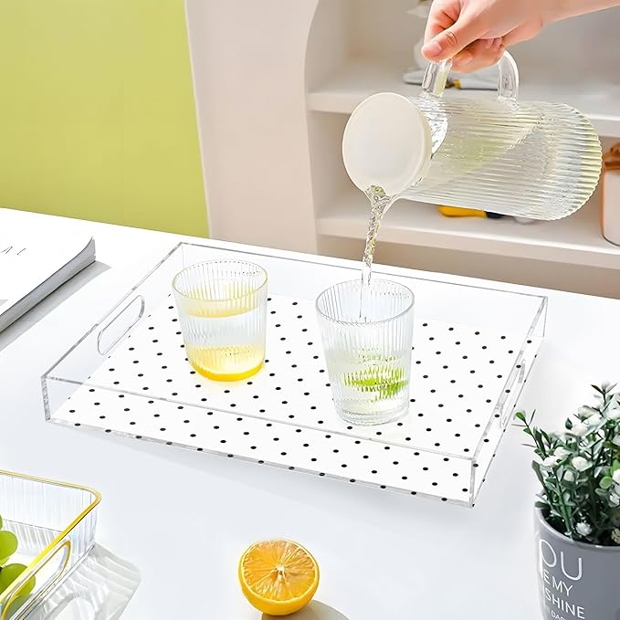 Serving Tray with Handles Clear Acrylic Tray 12x16 Inch Decorative Rectangular Tray Organizer for Ottoman Coffee Table Bathroom Black Polka Dot White