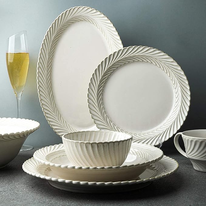 New Dinnerware Sets,Ceramics Dinner Sets, 25 Pieces White Glaze Porcelain Dinnerware Set| Retro Relief Cereal Bowl and Steak Plate Set