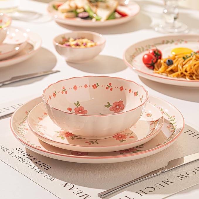 16 Pieces Gourmet Porcelain Dinnerware Sets, Premium Plates and Bowls Set, High-Fired Ceramic Dishes Set for 4, Microwave Dishwasher Safe, Pink Peach Blossom Pattern.