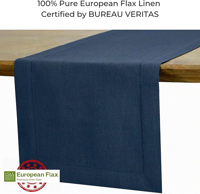 D'Moksha Homes Linen Navy Blue Table Runner 36 Inches - 100% Pure Linen Small Table Runner 14 x 36 Inch Ideal for Dresser, Coffee Tables, Winter, Christmas, Holiday, New Year - Classic Hemstitch