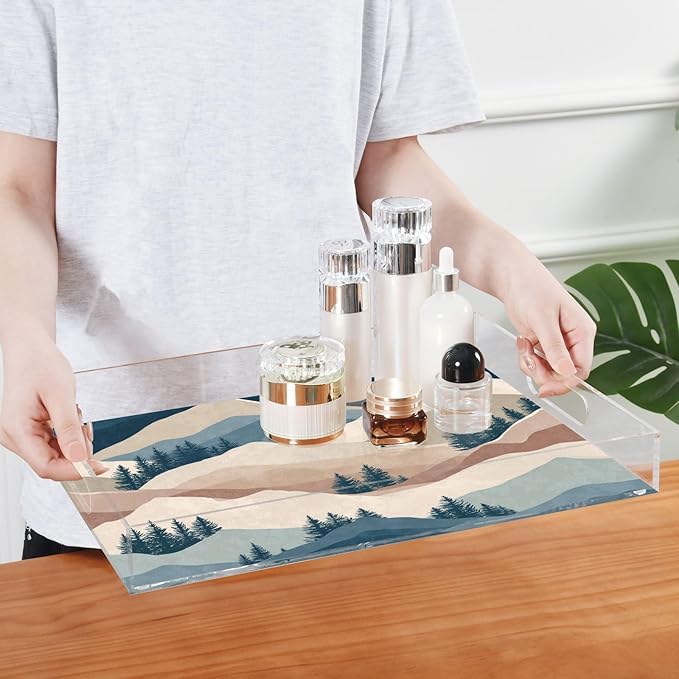 Serving Tray with Handles Clear Acrylic Tray 12x16 Inch Decorative Rectangular Tray Organizer for Ottoman Coffee Table Bathroom Mountain Landscape Trees