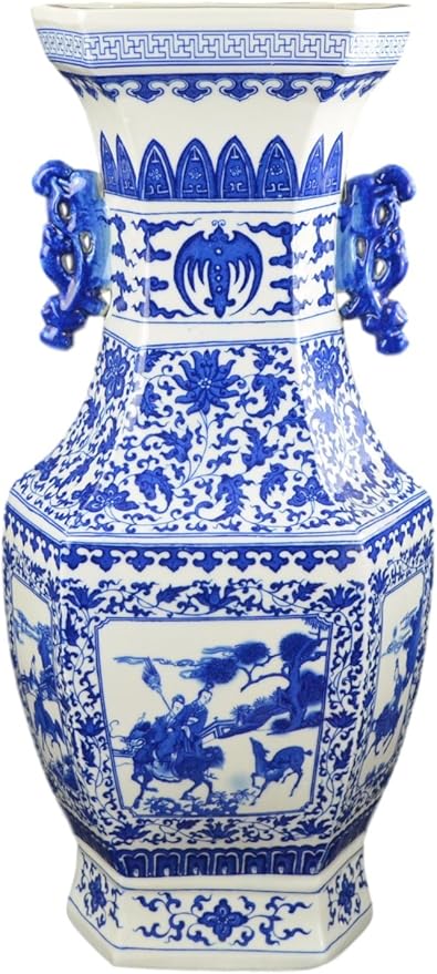 21" Classic Blue and White Hexagonal Porcelain Vase, Figure Dragon Ears Ceramic China Qing Style （D3）