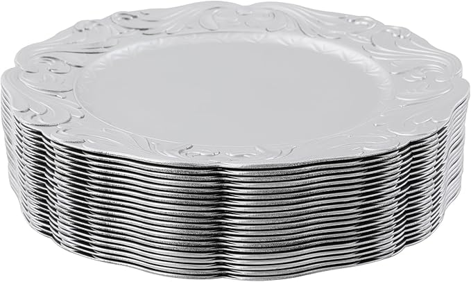 100 Pcs Antique Charger Plates Bulk Round Plastic Dinner Plate Embossed Rim Server Plate Decorative Chargers Floral Plates for Dinner Parties Wedding,13 Inch (100pcs-silver3)