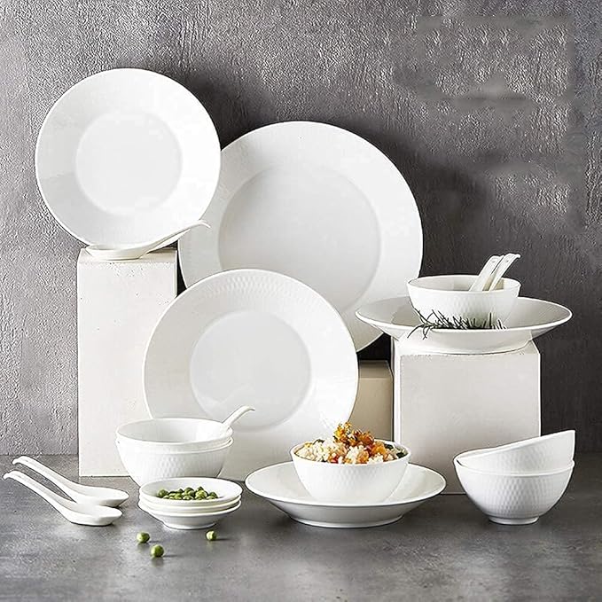 White Porcelain Dinnerware Set, Ceramic Plates and Bowls Sets, Vintage Round Dinnerware Set Dinner Plates for Kitchen/Dining Room, Service for 6