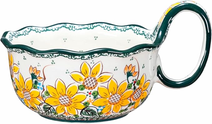 silesia Handmade Ceramic Soup Bowl, 30 oz Hand Painted Bowl with Loop Handle, Floral Design Cereal Bowl for Soup, Ice cream, Snack, Microwave & Dishwasher Safe (Sunflower)