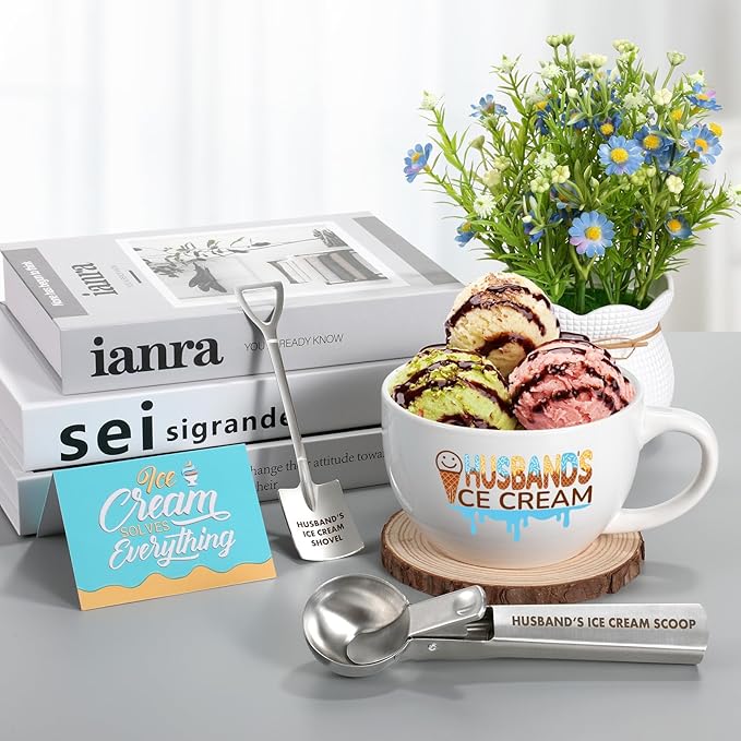 Christmas Gifts for Husband from Wife, Husband's Gifts for Valentine's Day,Anniversary,Birthday, Ice Cream Bowl and Scoop Set with Shovel – Funny Husband Present