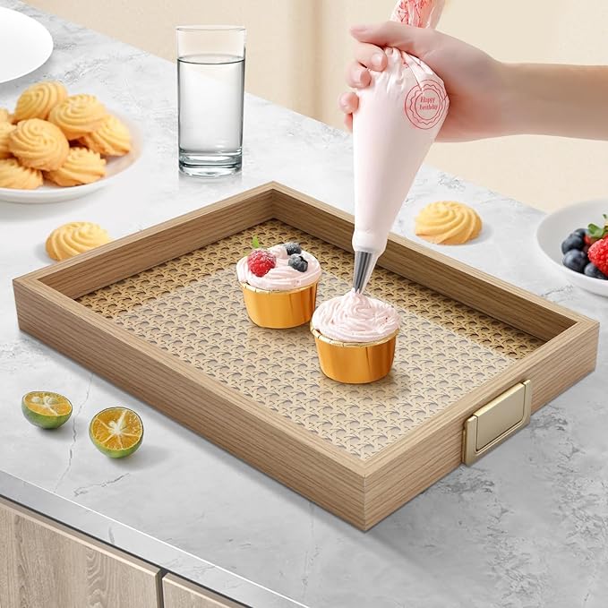 Rattan Woven mesh Surface Wood Serving Tray with Metal Handles, 14.5inx10.4in Food Drinks Tray for Coffee Table, Breakfast, Dinner & Bar,Kitchen,Party (Rattan Weaving/Small)