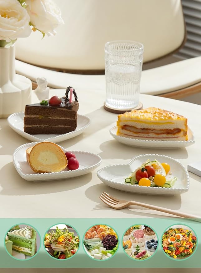 OMAYKEY 7.5 Inch Ceramic Dessert Plates Set of 10, Porcelain Salad Plates, Heart Shaped Appetizer Plates, Small Dinner Plates for Cake, Snack, Ice Cream, Microwave, Oven, Dishwasher Safe, White