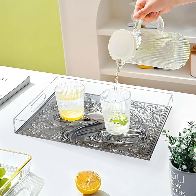 Horse Floral Relief Silver Serving Tray with Handles Decorative Ottoman Rectangle Acrylic Tray for Kitchen Bar Coffee Table 16"x12"