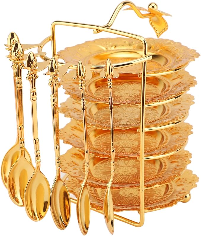 Keenso European Style Metal Plate Set, Zinc Alloy Elegant Cake Serving Tray with Spoon for Fruits Pasta Snacks Parties (Gold)