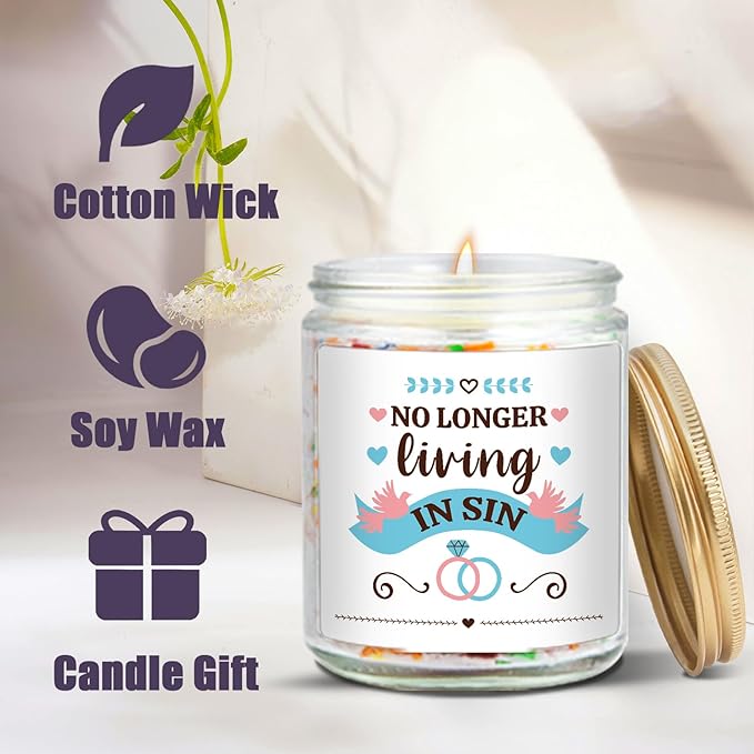 Wedding Gifts for Newlyweds, No Longer Living in Sin Candle, Funny Engagement Gifts, Gift for Bride Groom to Be, Funny Engaged Gift for Her, Bachelorette Party Decoration, Lavender Scented