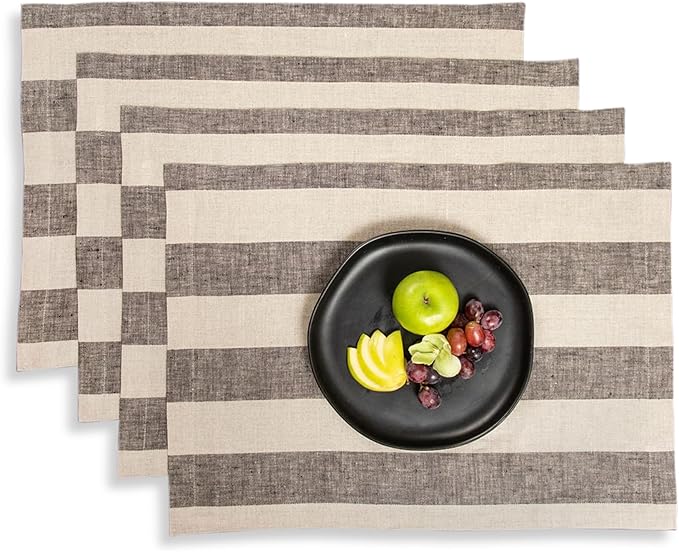 Solino Home Linen Placemats Set of 4 - Cabana Stripe Black and Natural Placemats 14 x 19 Inch - 100% Pure Linen Place Mats for Winter, Holiday
