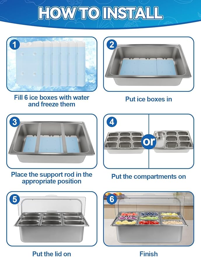 Kalolary Pizza Topping Storage Station, Stainless Steel Condiment Containers with Flip Lids Spoons Ice Box Food Tongs Ice Food Serving Display Container Salad Bar Buffet Station for Home Kitchen Party