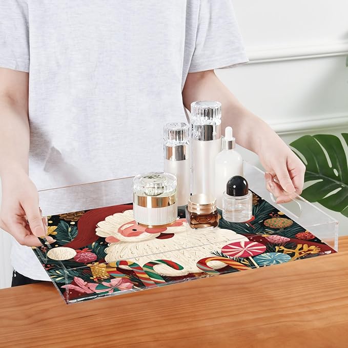 Serving Tray with Handles Clear Acrylic Tray 12x16 Inch Decorative Rectangular Tray Organizer for Ottoman Coffee Table Bathroom Santa Claus Lollipop Baubles