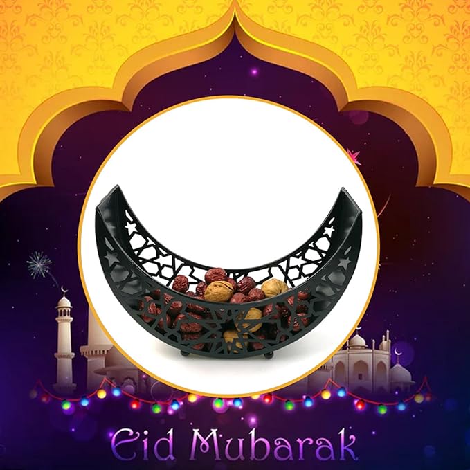 Eid Mubarak Moon Star Tray, Ramadan Decoration Ramadan Trays, Muslim Wooden Plate Tray Moon Star Shaped Food Fruit Serving Tray, Eid Mubarak Dessert Tray for Ramadan Festival Party(Silver A1)