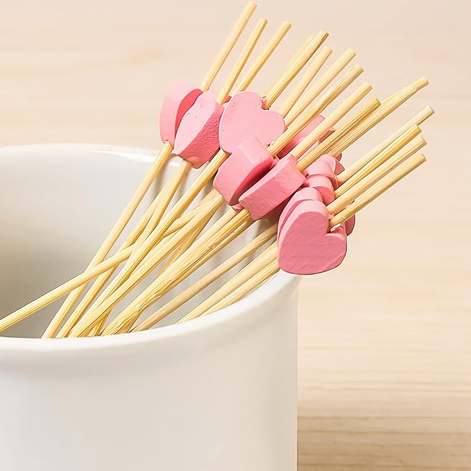 100pcs Pink Heart Cocktail Picks 4.7" Long Fruit Sticks Food Toothpicks Sandwich Appetizer Charcuterie Skewers, Made of Bamboo Wood, for Birthday Wedding Valentines Galentines Day Party Decorations