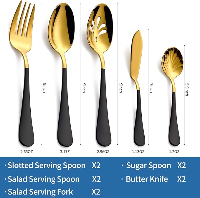 10-Piece Black & Gold Flatware Serving Set, 18/0 Stainless Steel Colorful Handle, Includes Serving Fork, Solid & Pierced Serving Spoon,Sugar Spoon,Butter Knife,Mirror Polished,Dishwasher Safe