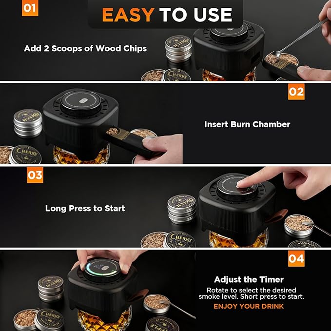 Electric Whiskey Smoker Kit with 0-60s Adjustable Timer, No Butane Needed, Cocktail Bourbon Drink Smoker Infuser Kit Smoke Whisky Set - 6 Wood Chips Flavors, Birthday Gifts for Men,Dad,Husband, Square