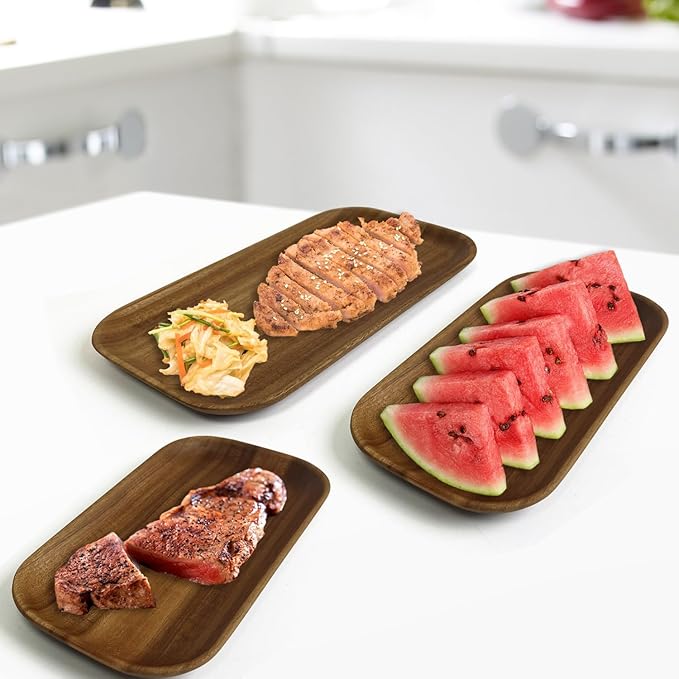 Acacia Wooden Plates Set of 3, 8/8/10 Inch Rectangular Serving Platters for Charcuterie, Appetizers, Acacia Wood Plates, Stackable Dinnerware Trays for Kitchen, Party & Entertaining (Rectangular Tray)