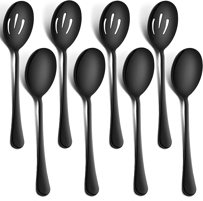 LIANYU 8-Piece Black Serving Spoons, Black Slotted Serving Spoons, 8.7Inch Stainless Steel Serving Utensils for Party Buffet Restaurant Banquet Dinner Catering, Dishwasher Safe
