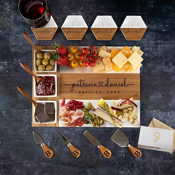 Personalized Charcuterie Board Wedding Gift - Custom Marble Cheese Board, Customizable Kitchen Gifts for Couples, Wood Engraved Bridal Shower Gifts