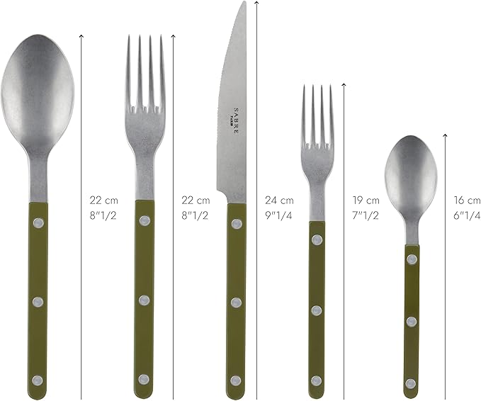 SABRE PARIS - 5-Piece Flatware Set - Bistrot Vintage Collection - Knives, Forks, Soup Spoons, Teaspoons & Dessert Forks - Stainless Steel & Acrylic - Dishwasher Safe - Fern Green - Mat Finish
