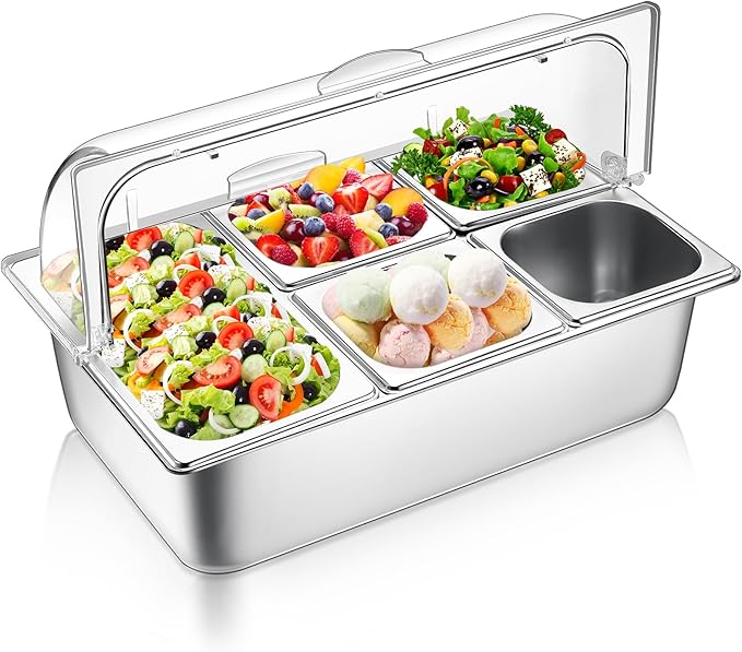 Countertop Food Serving Display Container and Clear Roll Top Cover Stainless Steel Food Serving Tray Buffet Condiment Dispenser Display Rack for Restaurant Hotel Kitchen Party (5 Pan)