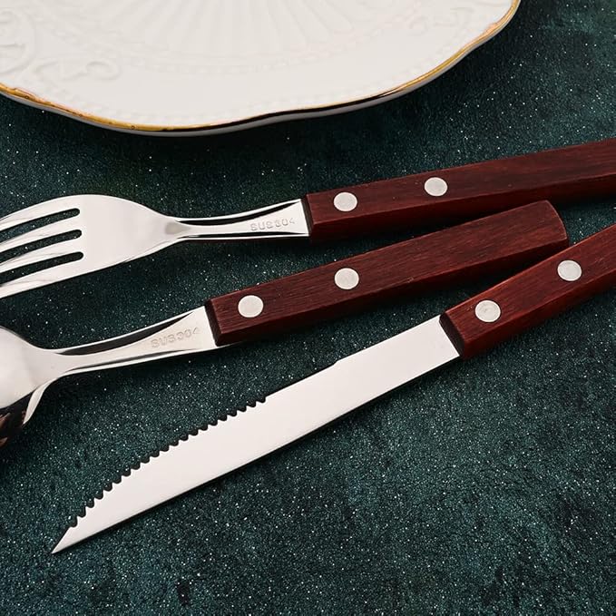 Silver Flatware Cutlery Set with Red Wood Handle, 18/8 (304) Stainless Steel Silverware Set, Include Forks Spoons and Knives, Mirror Poolished, 16-Piece (4 sets)