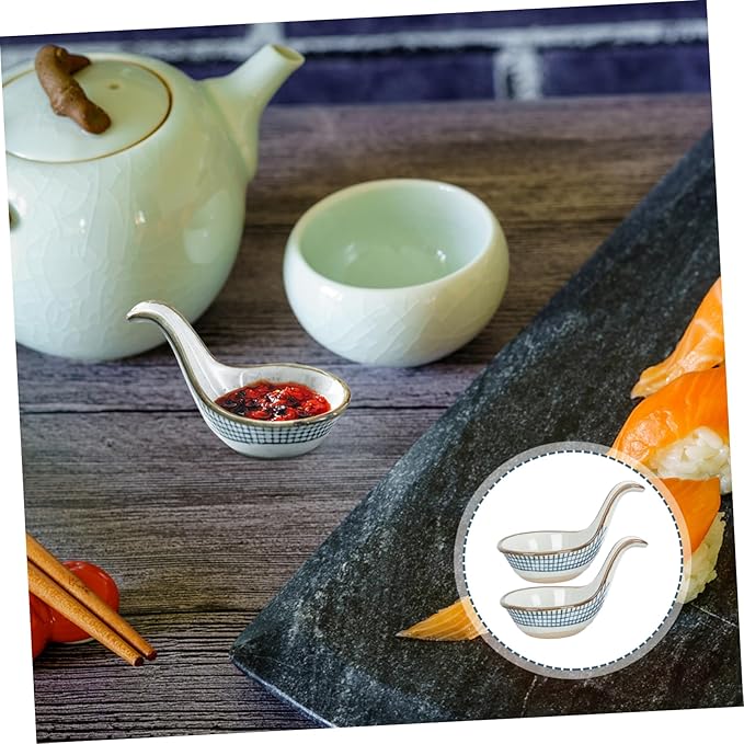 Mobestech 2Pcs Ceramic Caviar Spoon and Sauce Dish Set Food-Grade Kitchen Dipping Bowls for Seasoning and Condiments Creative Serving Tableware