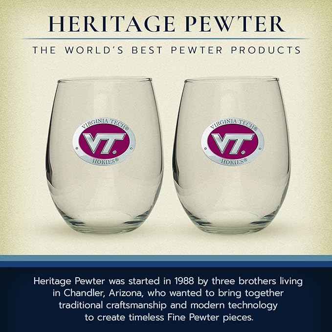 Heritage Pewter Virginia Tech Stemless Glass Goblets – Set of 2 | 15 OZ Goblet Wine Glasses | Expertly Crafted Pewter Glass