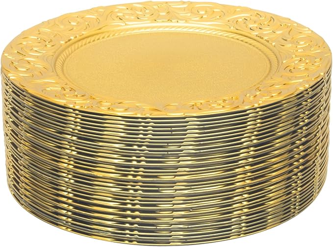 100Pcs Round Charger Plates, 13 Inch Reusable Serving Plates with Embossed Rim, Elegant Decorative Flower Relief Carving Chargers, Charger Plates Bulk for Wedding Party Event Decoration (Gold)