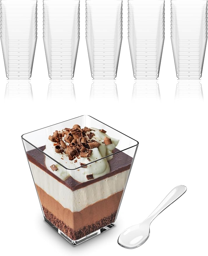 Mini Dessert Cups with Spoons (50 PACK) (Clear Spoons) (No Lids) – 5 oz Plastic Appetizer Cups for Parfait – Reusable Mini Square Dessert Cups for Events, Parties, & More - BPA Free Catering Supplies