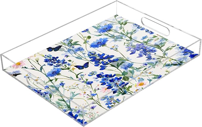 Serving Tray with Handles Clear Acrylic Tray 12x16 Inch Decorative Rectangular Tray Organizer for Ottoman Coffee Table Bathroom Dark Bluebonnet Cornflower