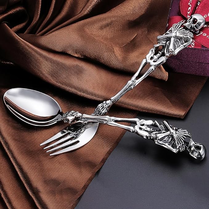 Halloween Essentials Cutlery Silverware Set 24 Piece Flatware Set for 8, Creative Skeleton Handle 18/10 Food-Grade Stainless Steel Best Gift Combo include Forks Spoons Dinner Knives Brand Packaging